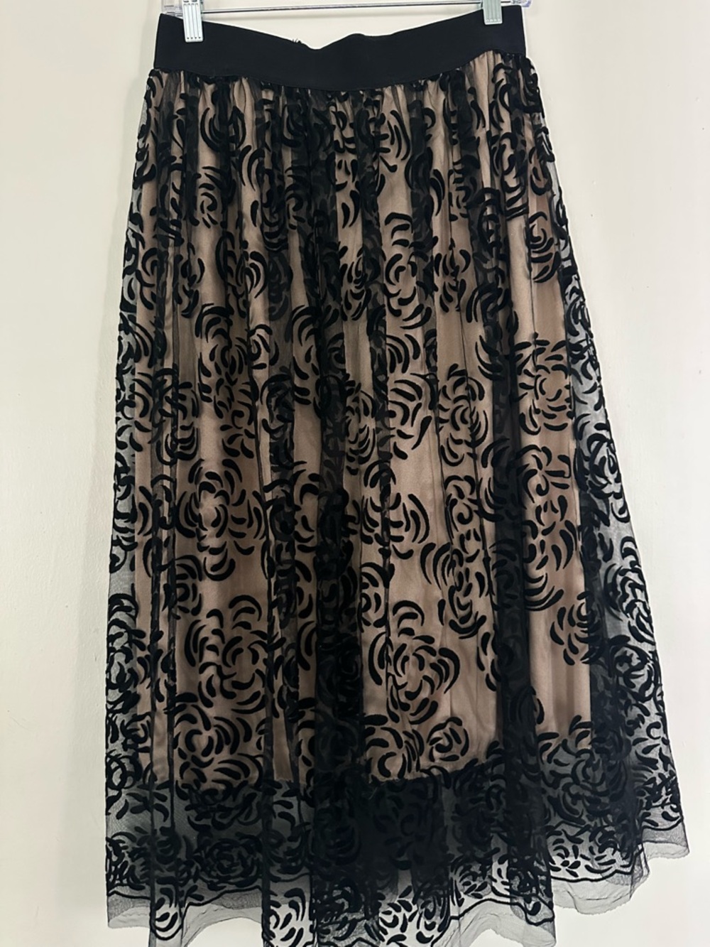 Metro Wear Black Floral Burnout Midi Skirt with Nude Lining